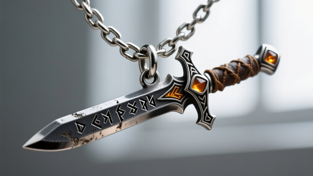 Extreme close-up of a 316L stainless steel box chain and soldered jump ring attaching a fantasy sword pendant, well-lit.