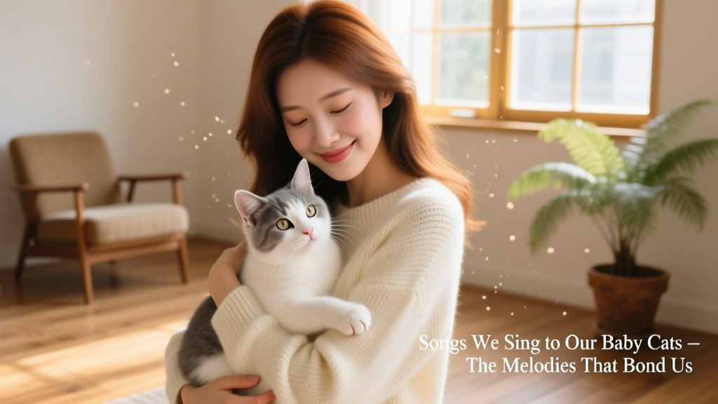 A person gently holding a fluffy kitten while smiling softly, as if singing quietly