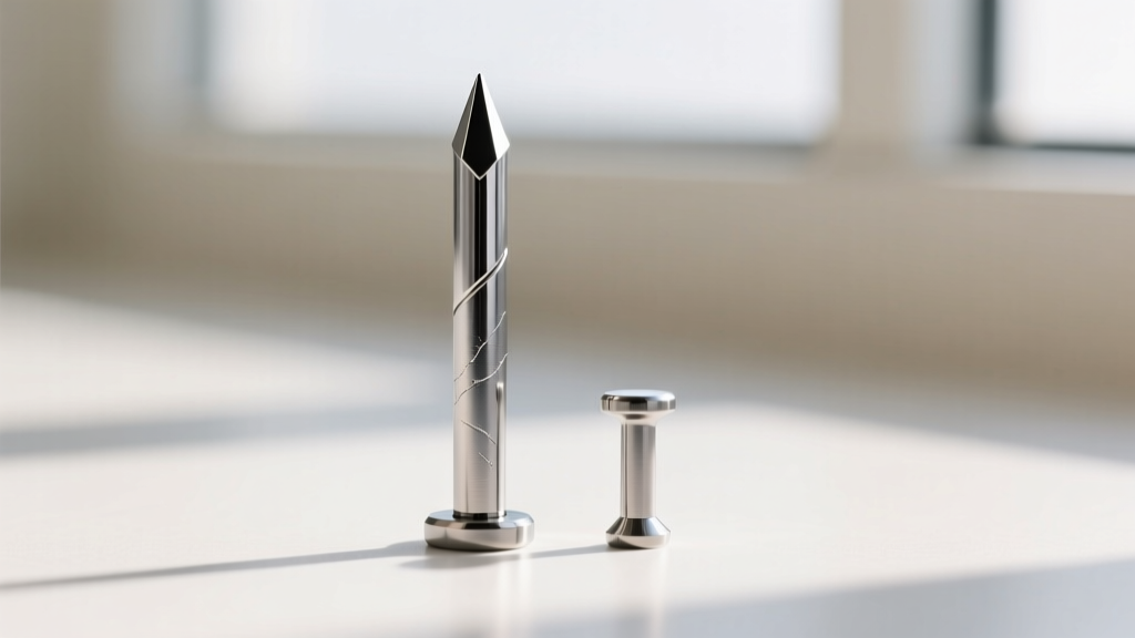 Macro view of a long initial piercing stud beside a shorter downsized post, both made of highly polished implant-grade titanium.