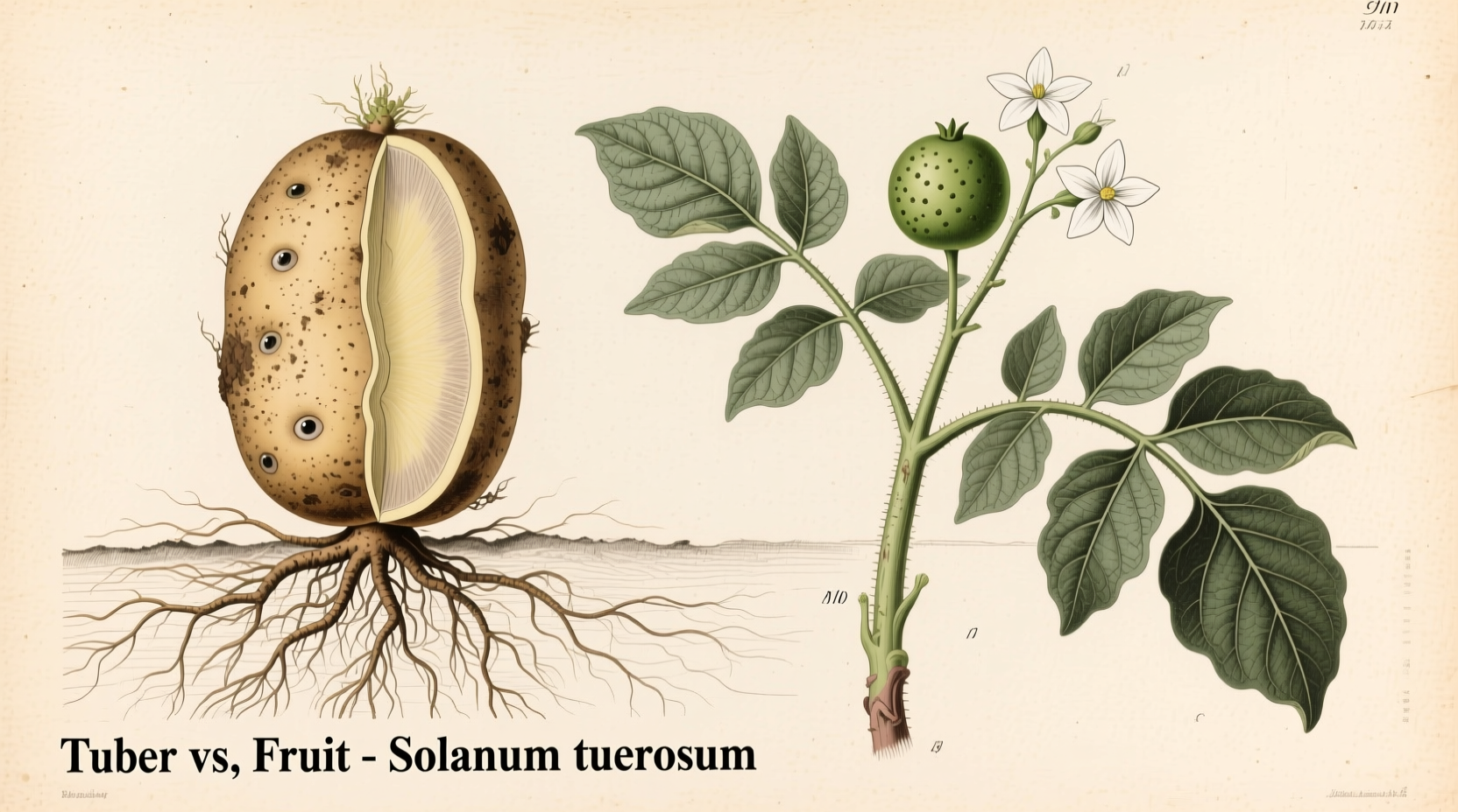 Potato plant showing tuber versus fruit