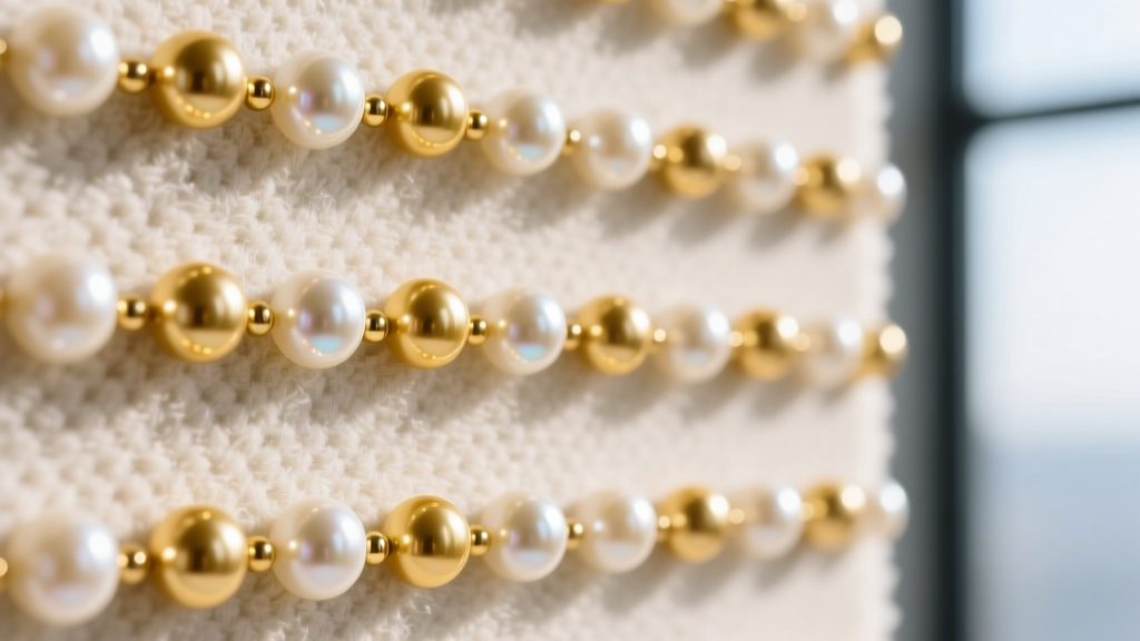 Close-up of a flocked bead board showing an alternating pattern of 7mm cream freshwater pearls and 2mm 14k yellow gold round beads