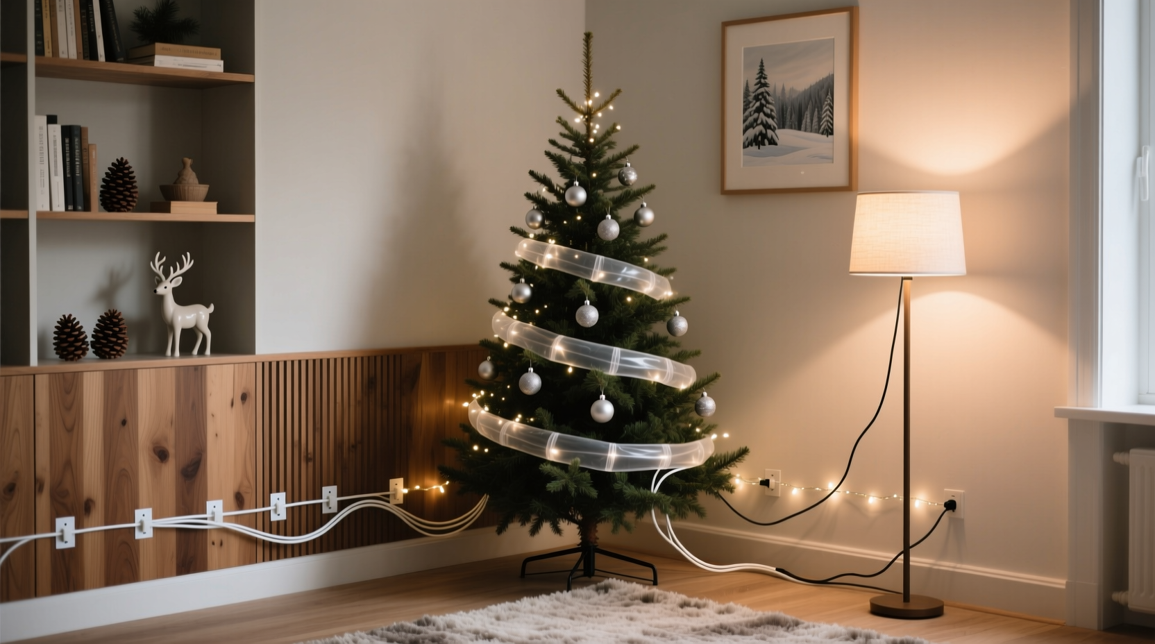 how to hide christmas tree wires neatly in a corner setup