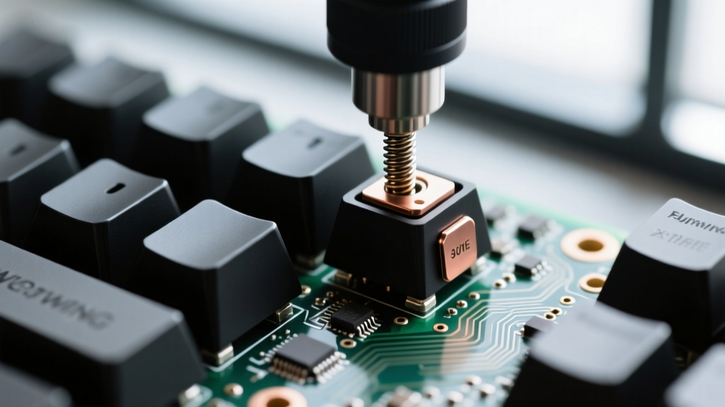 Close-up of Hall effect magnetic switches installed into a Wooting 80HE PCB during a custom mechanical keyboard build