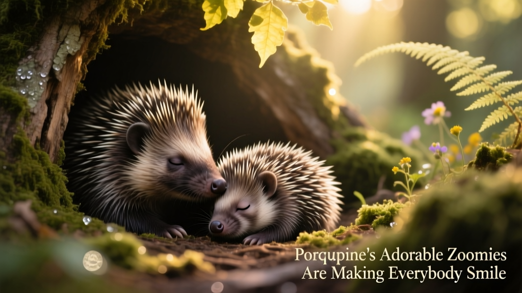 A young porcupette nestled beside its mother, both resting peacefully in a cozy sheltered area