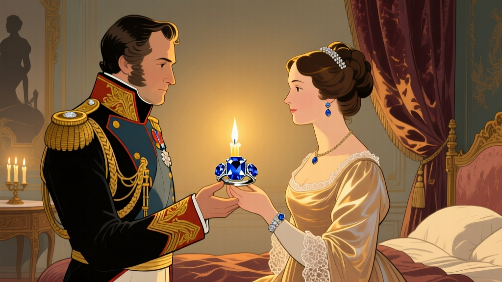 Vintage illustration of Napoleon giving a two stone sapphire and diamond ring to Josephine, lit by warm romantic candlelight.