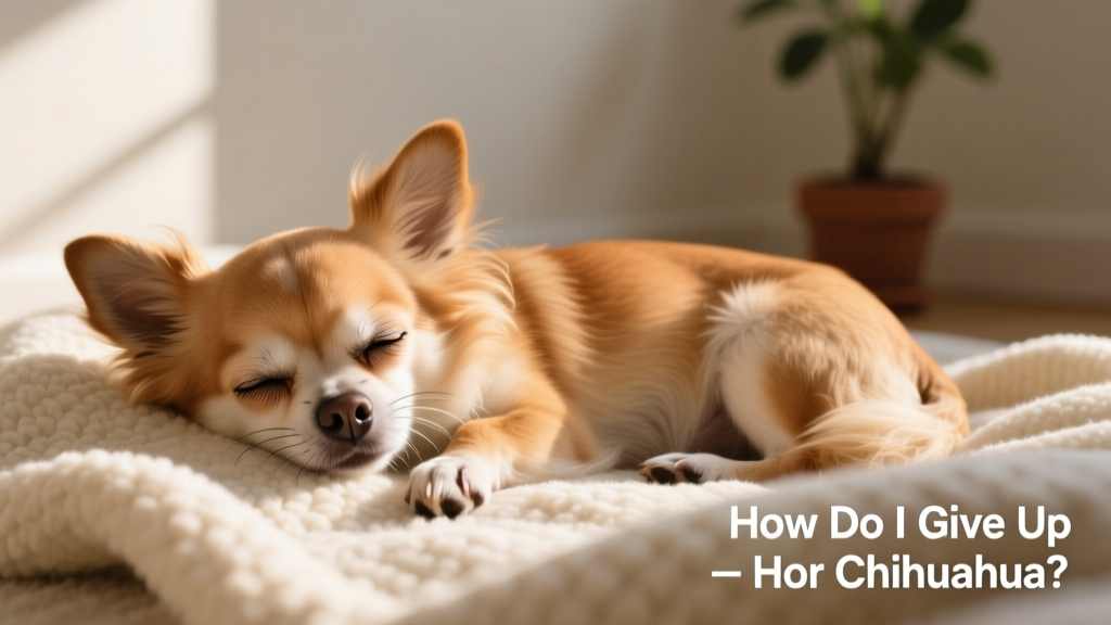 A gentle close-up of a Chihuahua resting calmly on a soft blanket, looking relaxed and trusting