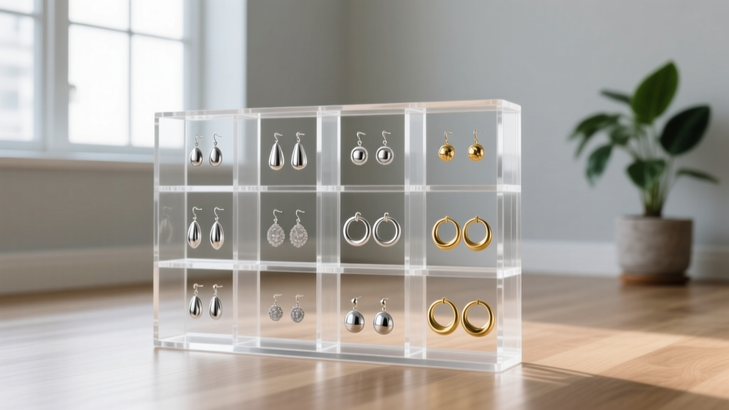Clear acrylic earring holder organizer with zones for heavy dangles, huggie hoops, and ear cuffs in a bright modern room.