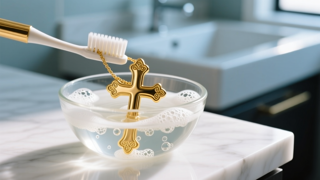 Soft-bristled toothbrush gently scrubbing a hammered gold cross necklace submerged in a small glass bowl of warm soapy water.