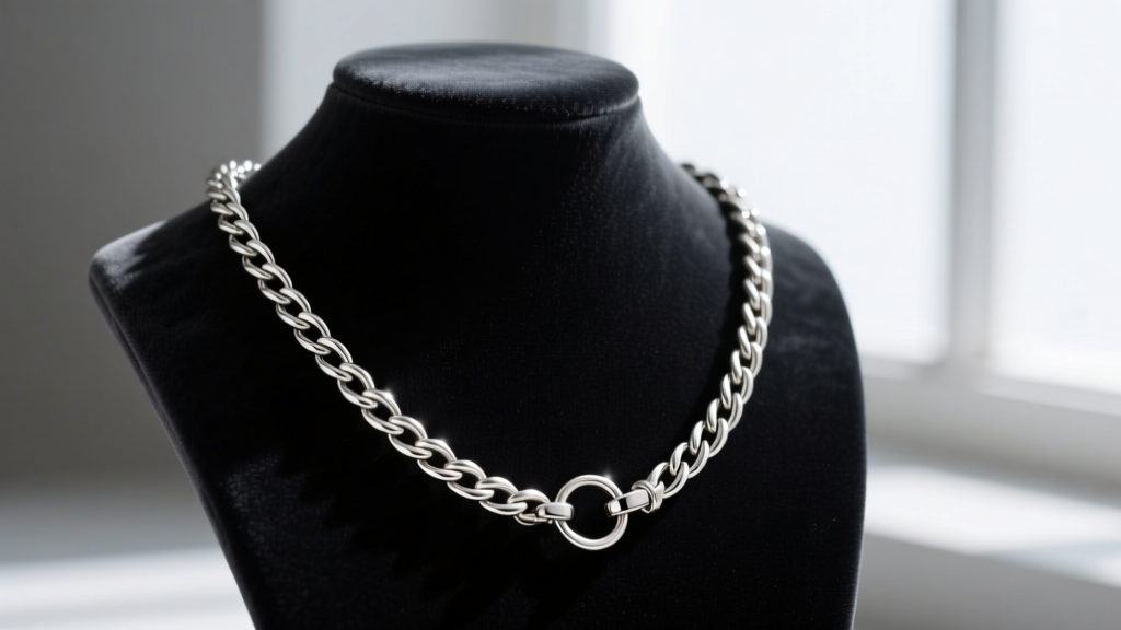 1.8mm stainless steel wheat chain with a lobster clasp and soldered jump ring draped elegantly over a dark velvet jewelry bust.