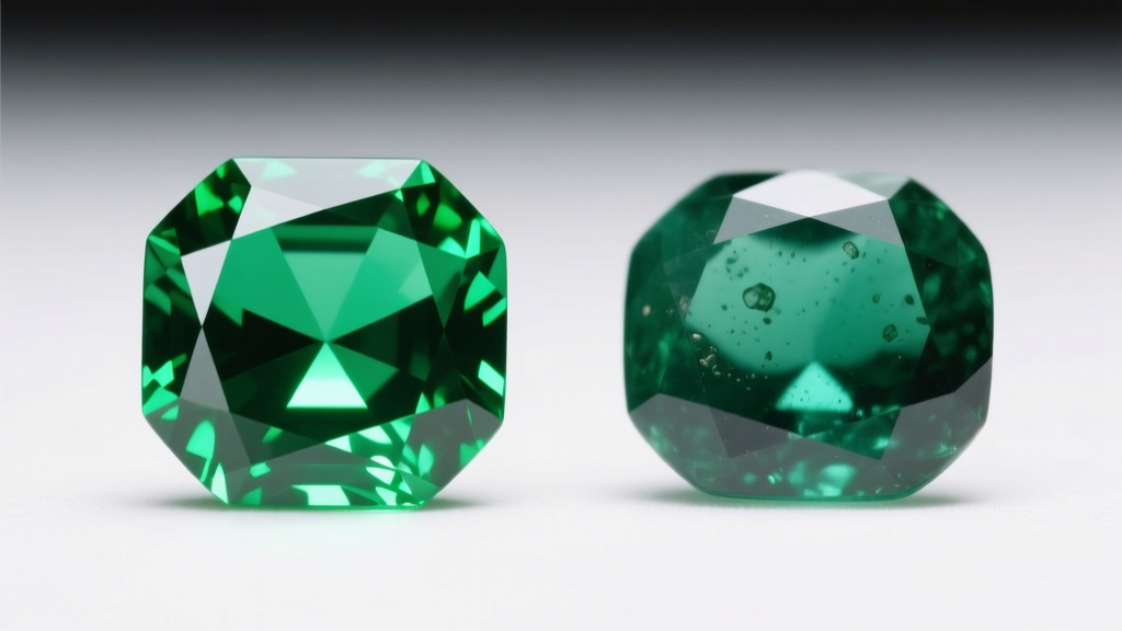 Macro comparison of a vivid green tsavorite and an emerald, showing the tsavorite