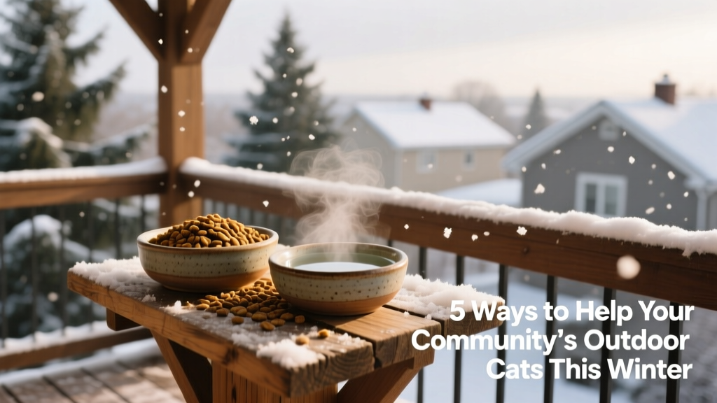 An elevated outdoor feeding station with two bowls—one holding dry food, the other filled with fresh water—set on a covered patio during snowy weather