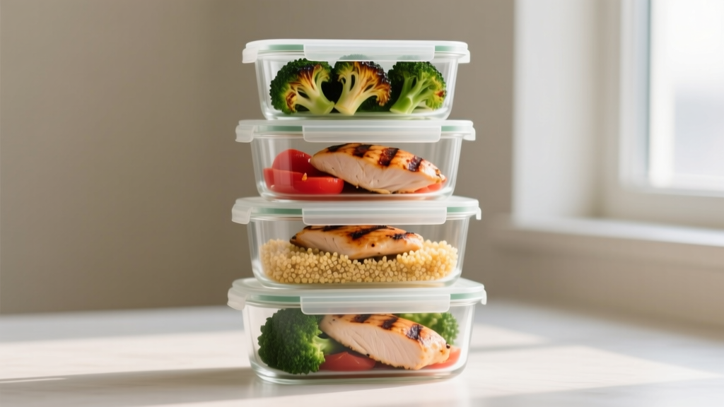 Neatly stacked glass meal prep containers filled with perfectly portioned grilled chicken breast, quinoa, and roasted broccoli.