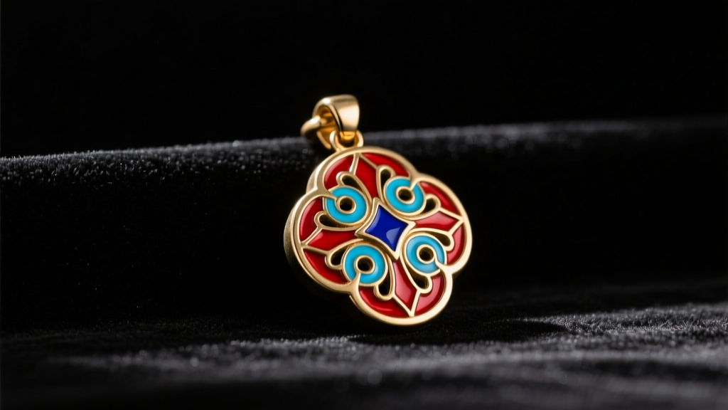 Brass Amulet of Glory OSRS necklace replica with red and blue enamel details resting on dark velvet under soft light