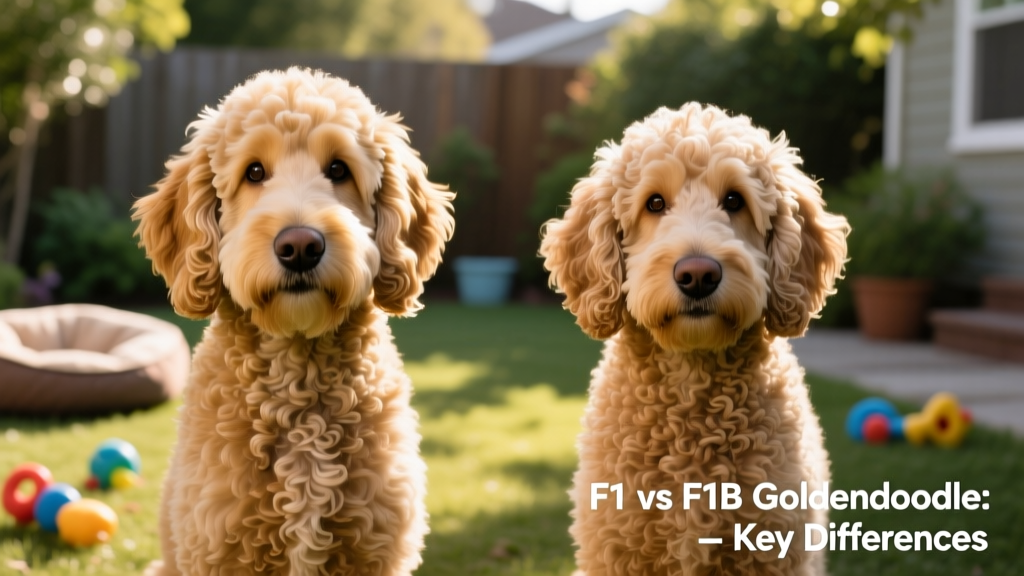 Side-by-side photo showing an F1 Goldendoodle (left) and an F1B Goldendoodle (right), highlighting coat texture and facial structure differences