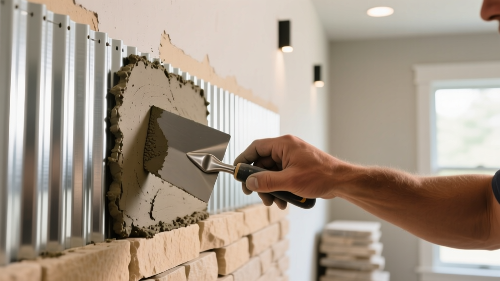 Close-up of a mason troweling Type S mortar onto a galvanized metal lath substrate before installing stacked manufactured stone veneer on an interior accent wall