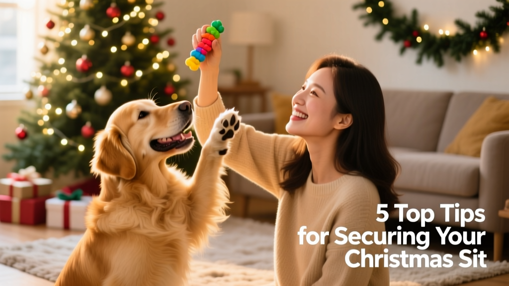A person holding up a treat for a dog performing a 'paw trick' with a brightly lit Christmas tree in the background