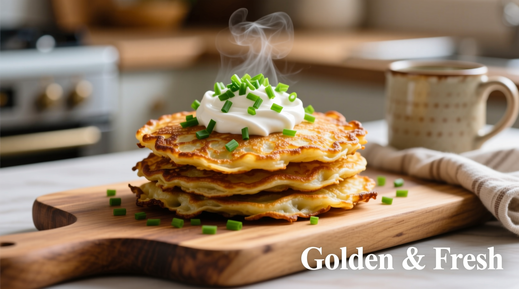 Golden potato pancakes with sour cream and chives