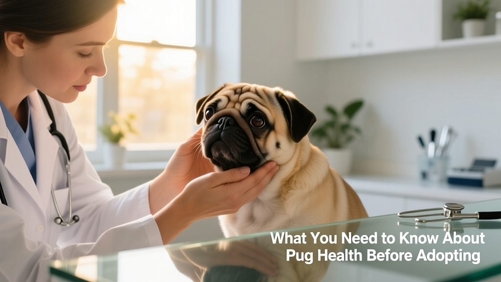 A veterinarian gently examining a Pug's face and eyes during a routine wellness checkup