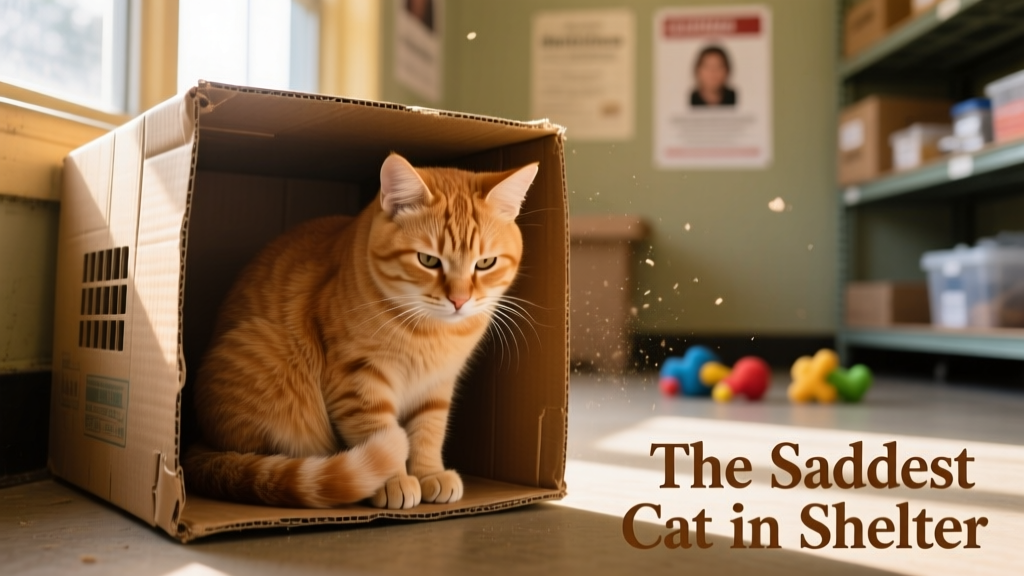 A ginger cat sitting quietly in a cardboard carrier at an animal shelter, looking visibly subdued and weary