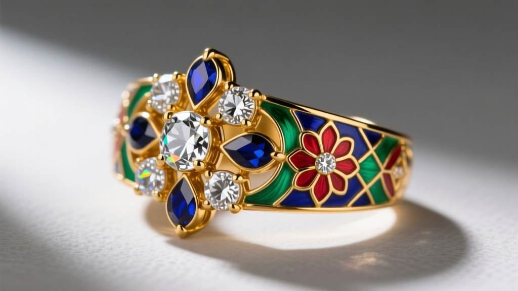 Macro shot of Kundan setting with 24k gold foil backing uncut diamonds, revealing intricate meenakari enamel on the reverse side.