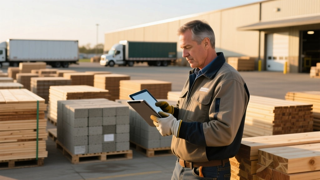 Contractor reviewing tablet showing photos of stacked dimensional lumber and masonry blocks at a Midwest building materials supply yard