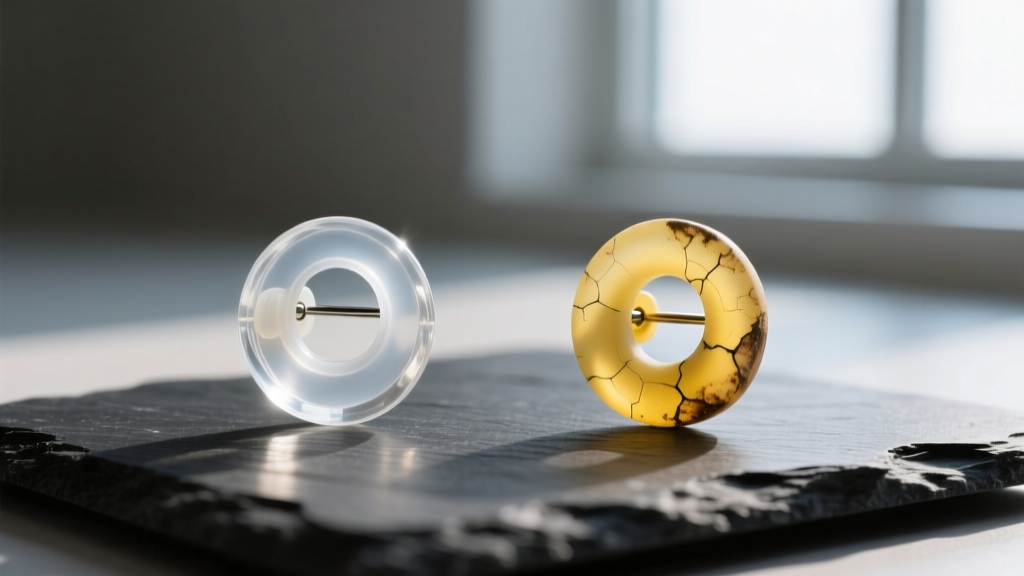 Side-by-side comparison of a brand new clear silicone earring back and an old yellowed degraded silicone back on dark slate