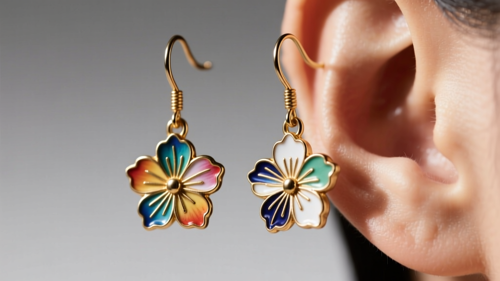 Macro shot of brass and enamel Hanafuda earrings showing floral detailing and a secure 18-gauge surgical steel fishhook wire