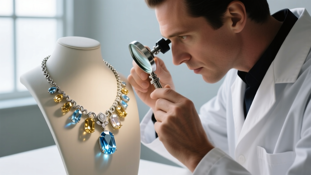 Jeweler using a loupe to inspect the silver wire tension and clasp mechanism on an antique pool of light quartz necklace