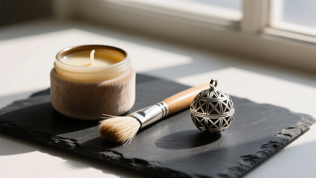 Flat lay of Renaissance wax, a soft horsehair brush, and a textured silver orb pendant on a dark slate surface for jewelry care.