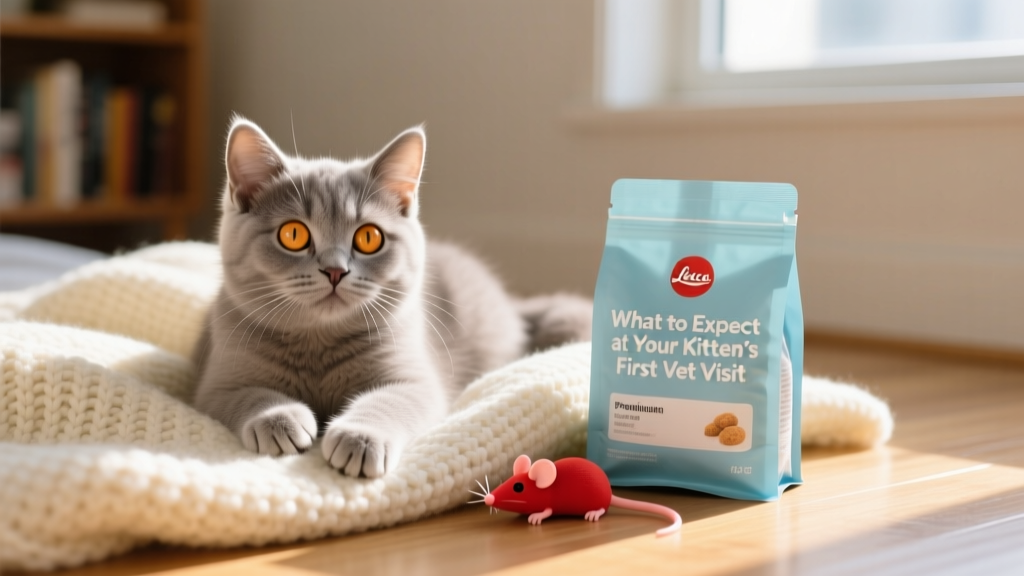 A happy kitten resting on a blanket beside a small bag of kitten food and a toy mouse