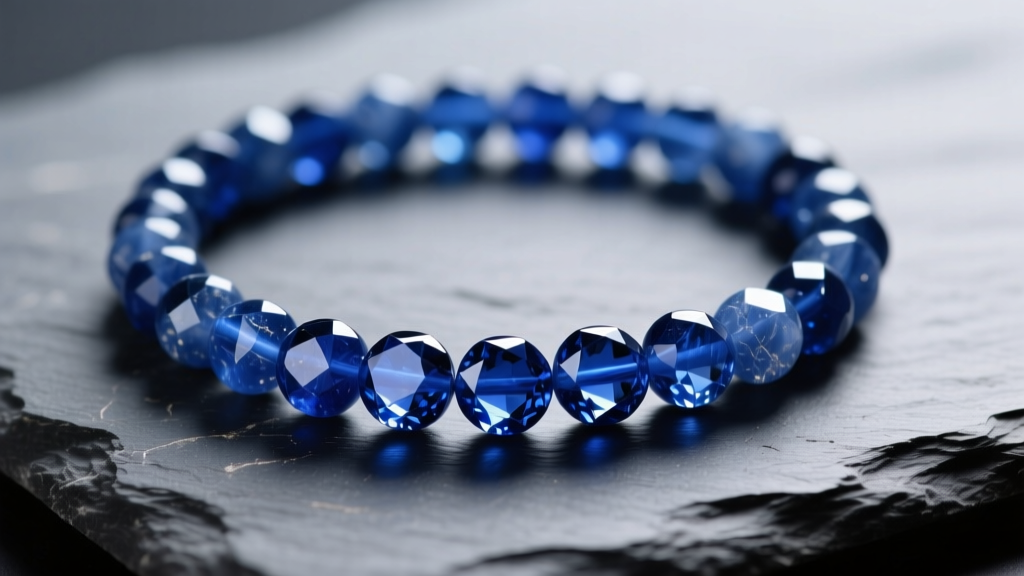 Macro photograph of a deep blue kyanite bead necklace on dark slate, highlighting the gem\