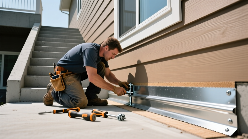 Carpenter installing Z-flashing and fiber cement skirt boards against a concrete exterior stair landing to prevent water damage