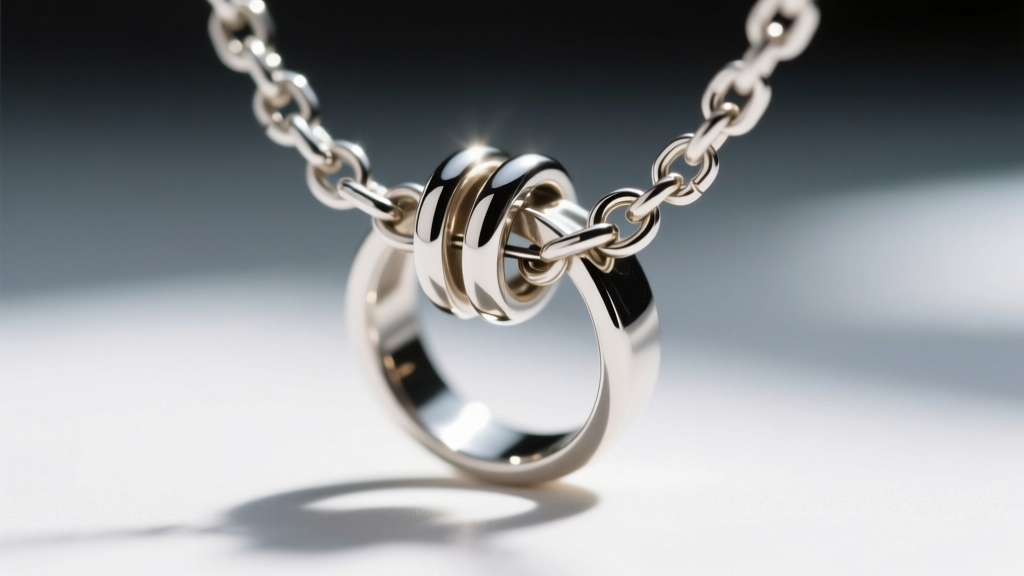 Macro shot of a soldered ring bail on an anatomical pendant, showing a rolo chain threading smoothly without twisting the metal