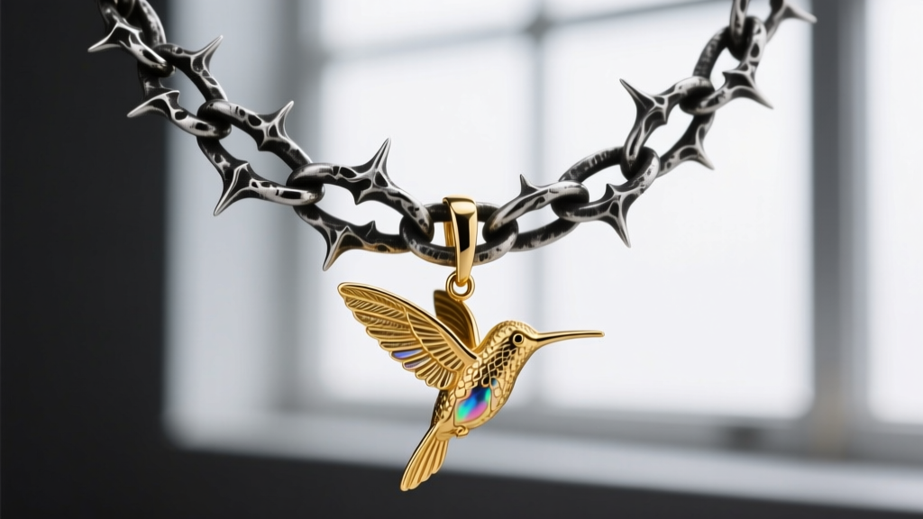 Close-up of a layered jewelry set featuring an oxidized silver thorn chain necklace and a delicate 14k gold hummingbird pendant.
