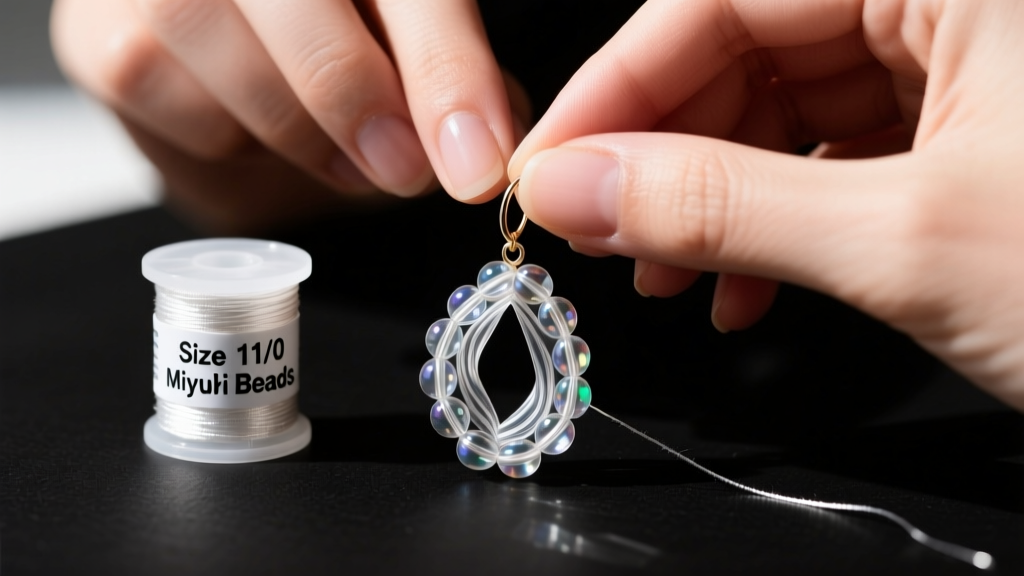 Close-up of hands holding a warped seed bead earring next to a spool of clear beading thread and a tube of size 11/0 Miyuki beads.