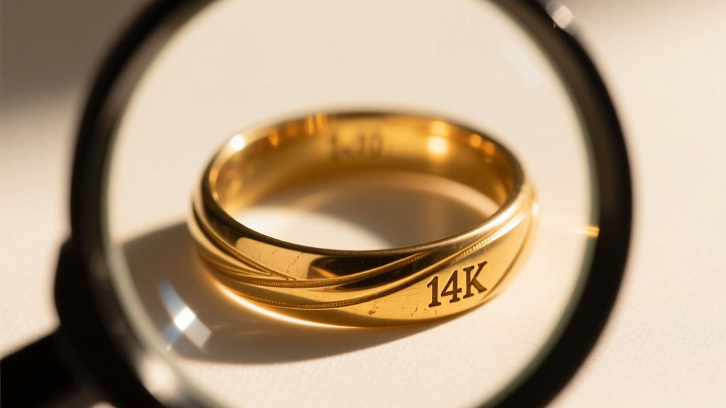 Close-up of a loupe inspecting a vintage Hawaiian gold ring inner band, focusing on the 14k stamp and a small maker hallmark.