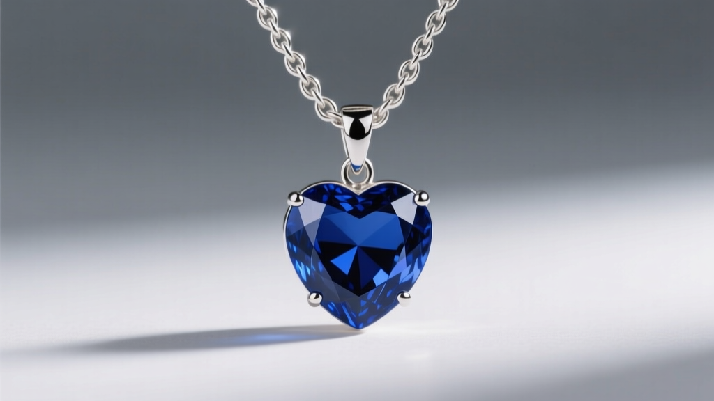 Macro shot of a 2.5mm sterling silver wheat chain holding a heavy blue heart-shaped gemstone pendant against a soft gray backdrop.