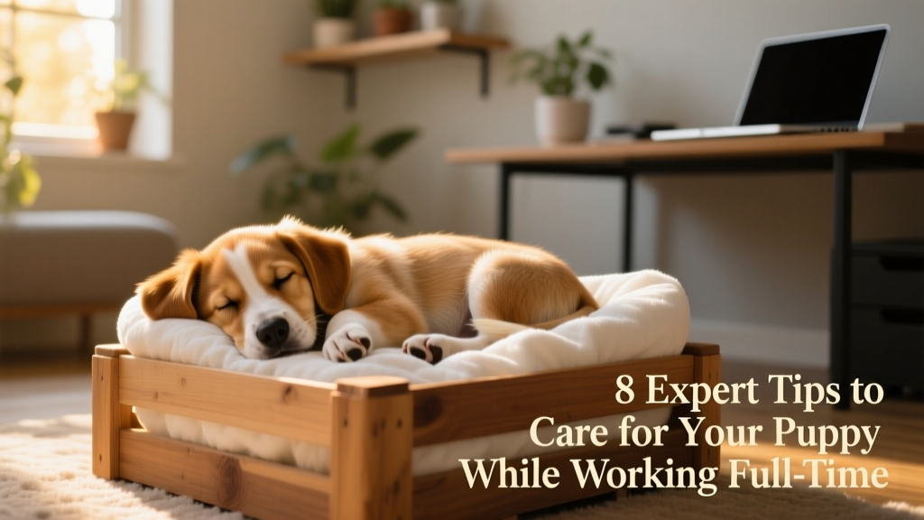 A relaxed, confident puppy sleeping peacefully in a cozy crate with soft bedding