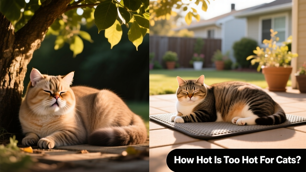 Side-by-side comparison showing a brachycephalic cat resting in shade and an overweight cat near a cooling mat