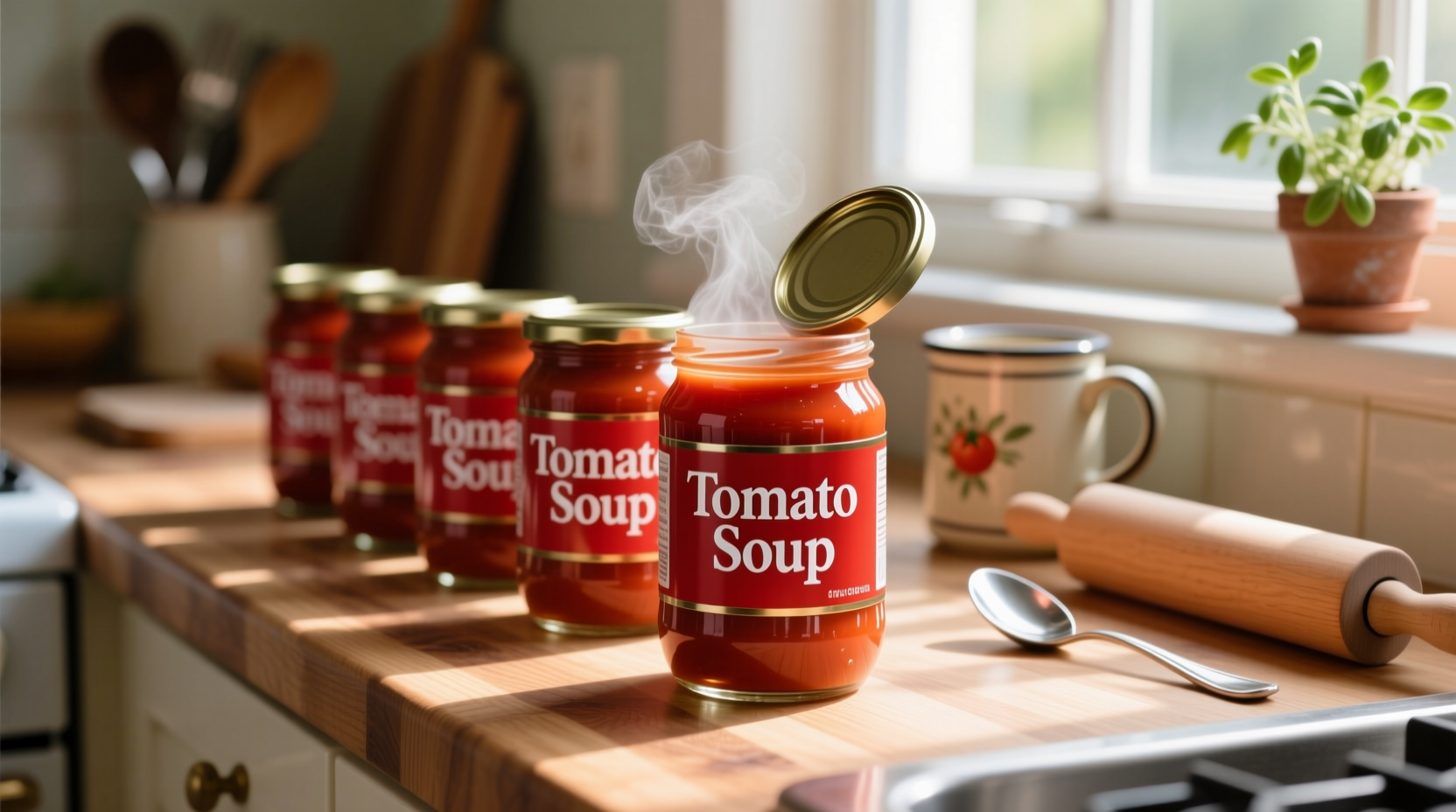 Freshly canned tomato soup jars on kitchen counter