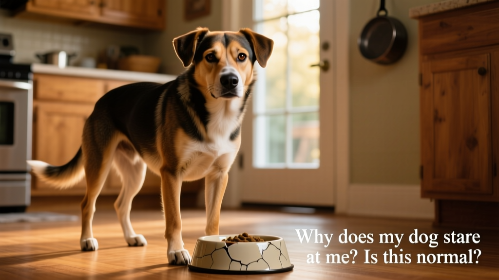 A dog exhibiting a 'hard stare' with tense body language, standing protectively near a food bowl