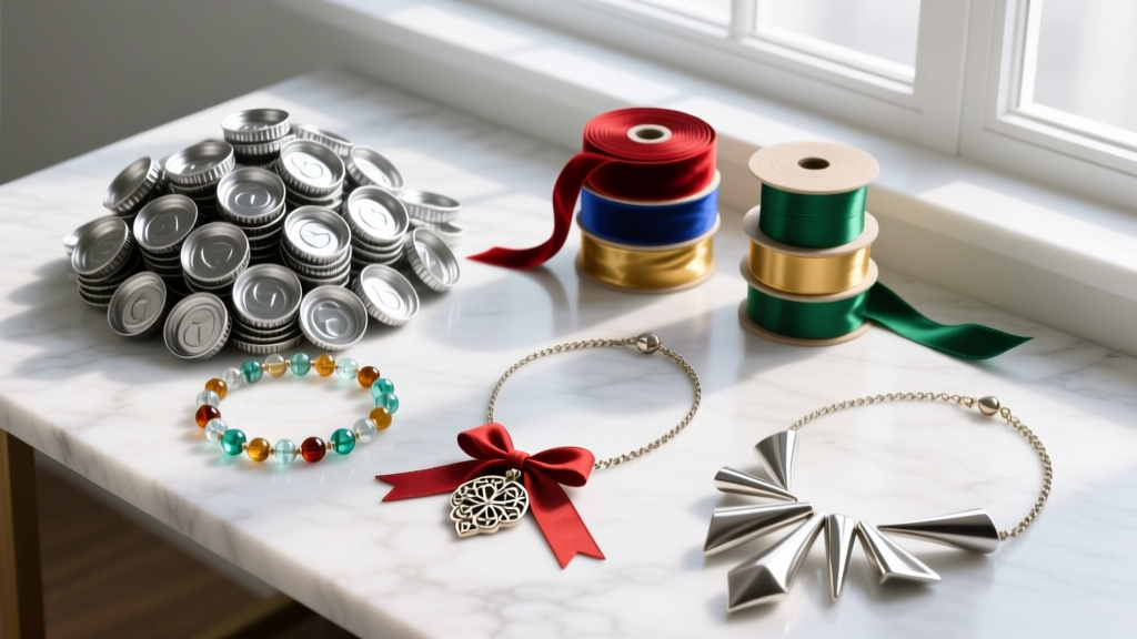 Overhead view of a jewelry desk with piles of cleaned aluminum soda tabs, ribbon spools, and several finished upcycled necklaces