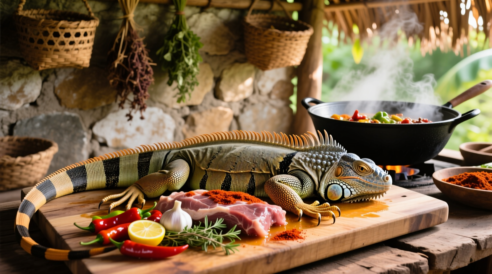 Fresh iguana meat prepared for cooking in traditional Caribbean style