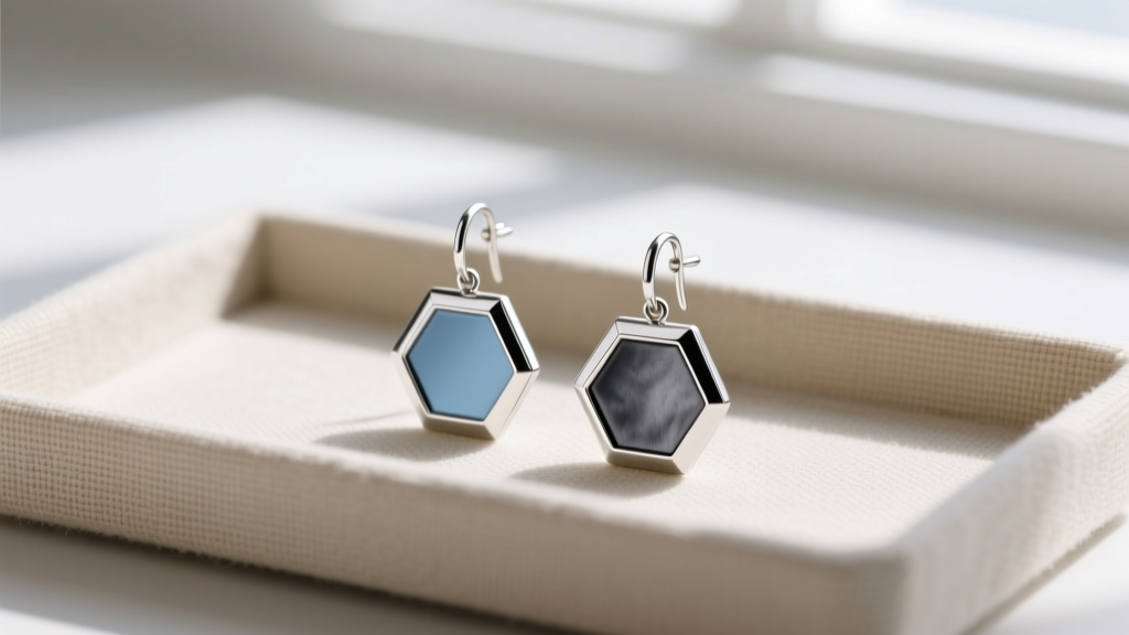 Polished Argentium silver and oxidized 925 sterling hexagon drop earrings displayed side-by-side on a beige linen jewelry tray