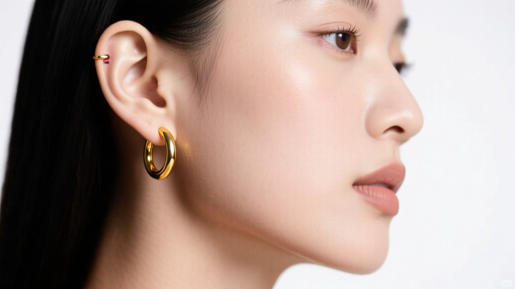 Side profile of a model wearing a snug 6mm inner diameter 14k yellow gold huggie hoop on a healed earlobe, soft studio lighting.