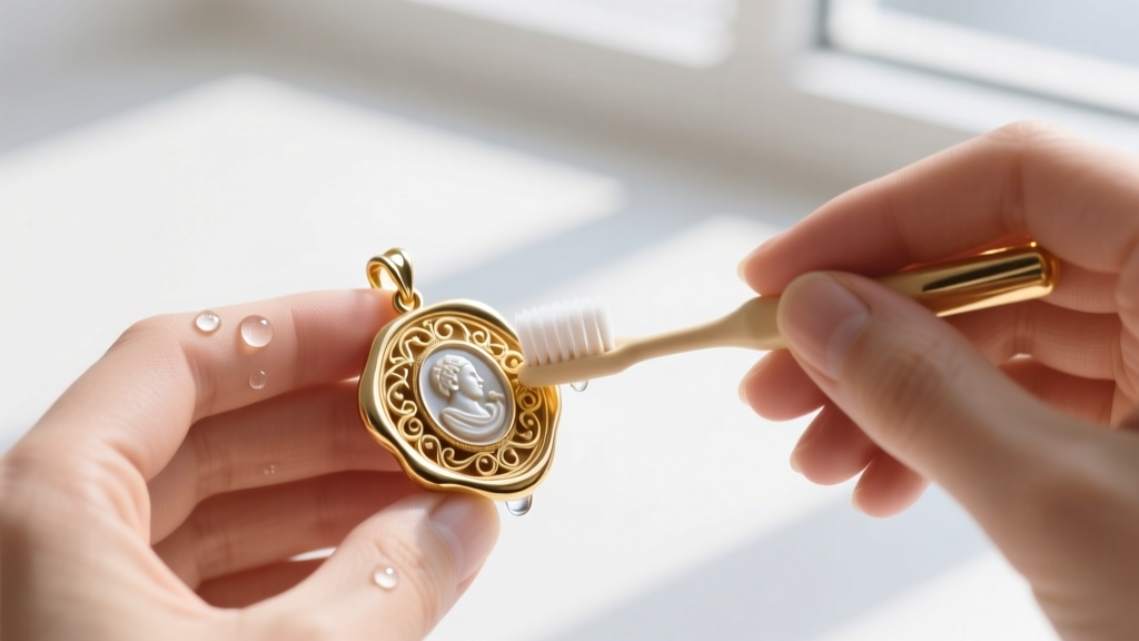 Hands gently brushing the grooves of a gold vermeil seal pendant with a soft-bristled baby toothbrush and mild soapy water.