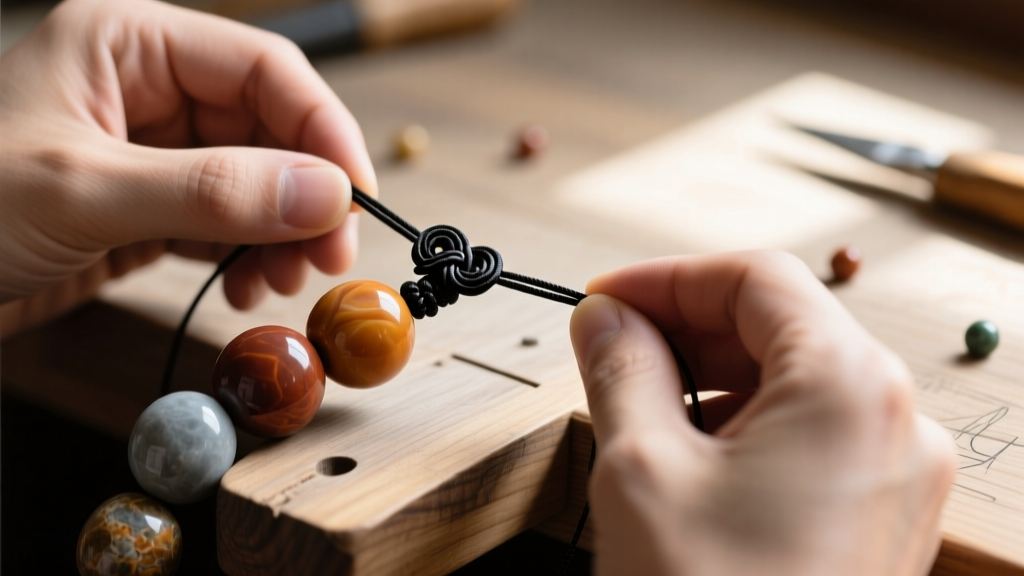 Hands restringing heavy stone beads with black nylon thread, showing a macrame sliding knot closure on a wooden jeweler bench.
