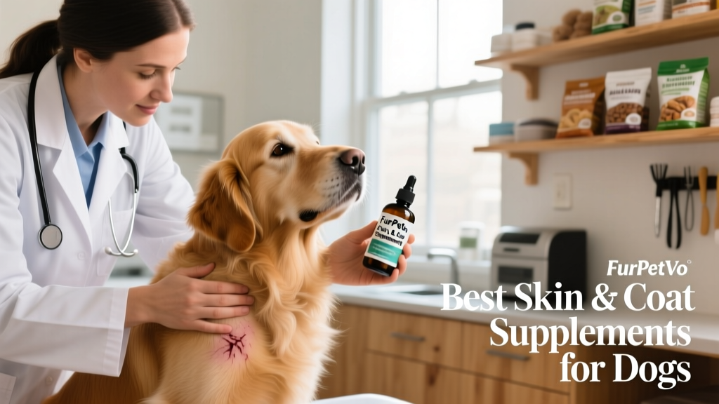 Veterinarian gently examining a dog's skin while holding a bottle of FurPetVo Skin & Coat Supplement