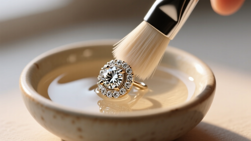 Soft brush cleaning the grooved post and locking clutch of a diamond earring in a small ceramic bowl filled with warm soapy water.