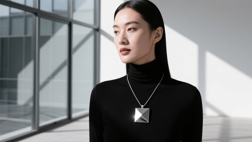 Woman wearing a matte titanium necklace with a square neck pendant over a black turtleneck, highlighting sharp geometric angles